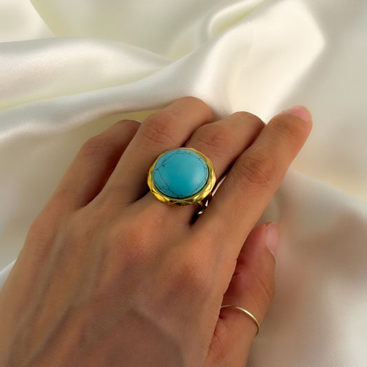 Anillo media bola turquesa acero premium