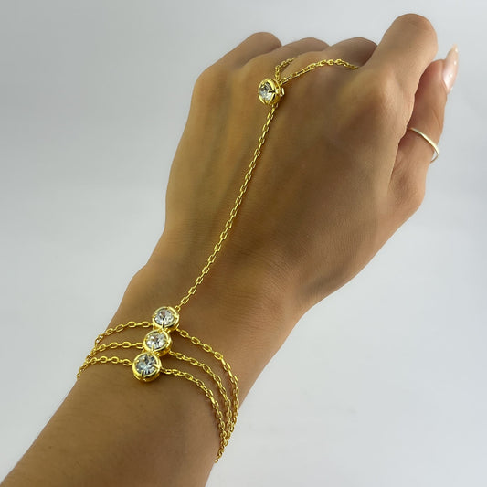 Pulsera cadena anillo chapade oro tres zirconias