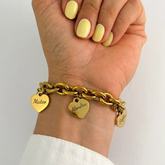 Pulsera personalizada chunky dijes de corazón con nombres de hijos regalo día de las madres