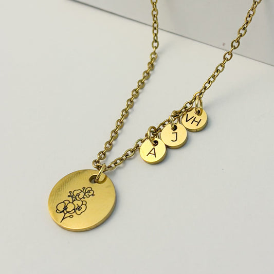 Collar flor de nacimiento monedas con iniciales de hijos regalo día de las madres