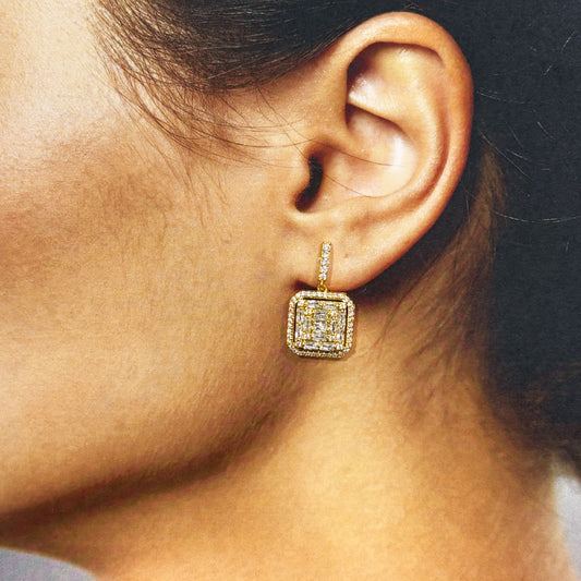 Aretes cortos zirconias cuadro colgante baño de oro premium