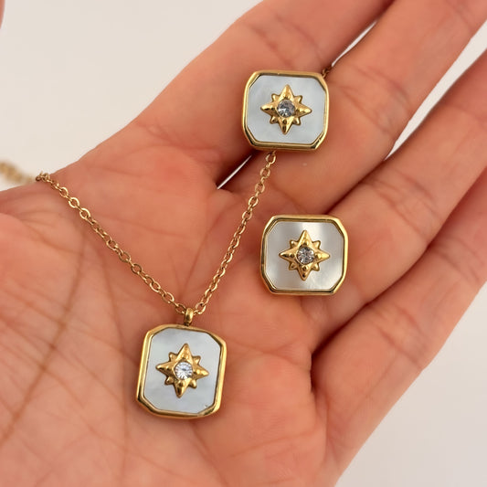 Set collar y aretes acero inoxidable premium destello placa