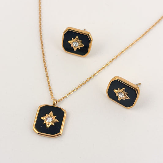 Set collar y aretes acero inoxidable premium destello placa