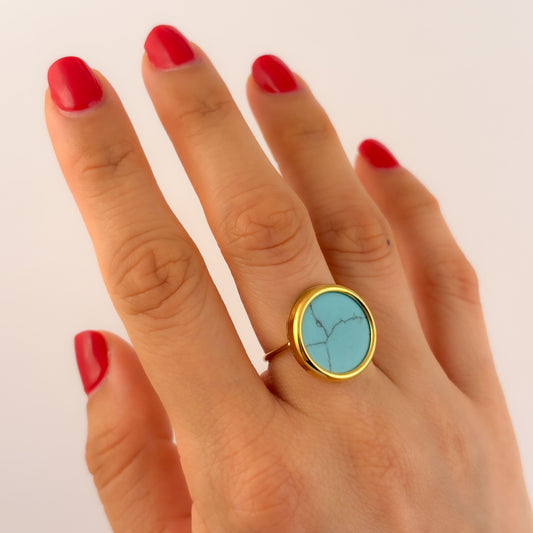 Anillo acero inoxidable premium baño de oro piedra natural turquesa