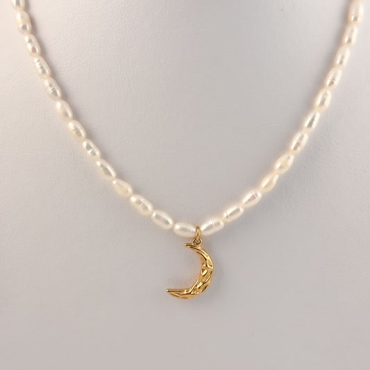 Collar perla natural dije luna acero premium