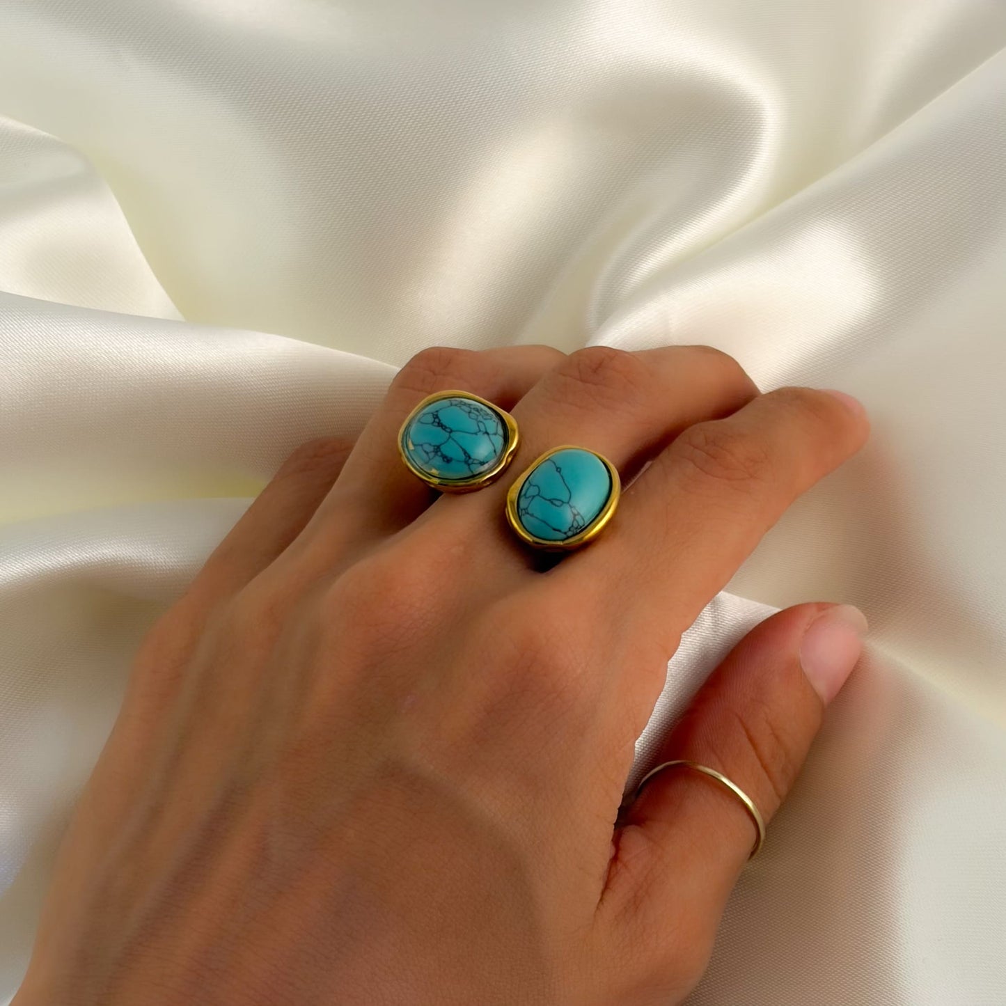 Anillo dobel turquesa acero premium TALLA 6,5