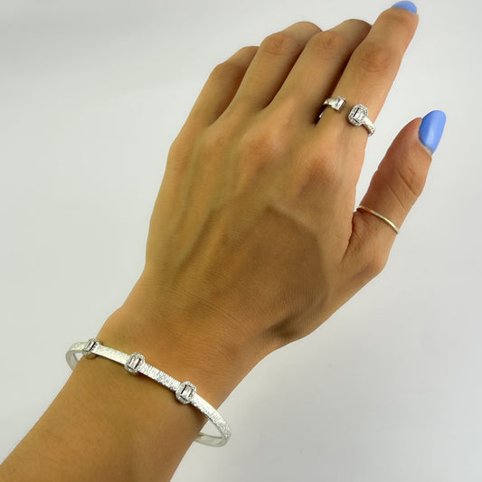 Set brazalete y anillo textura cristal con zirconias chapa de oro plateado