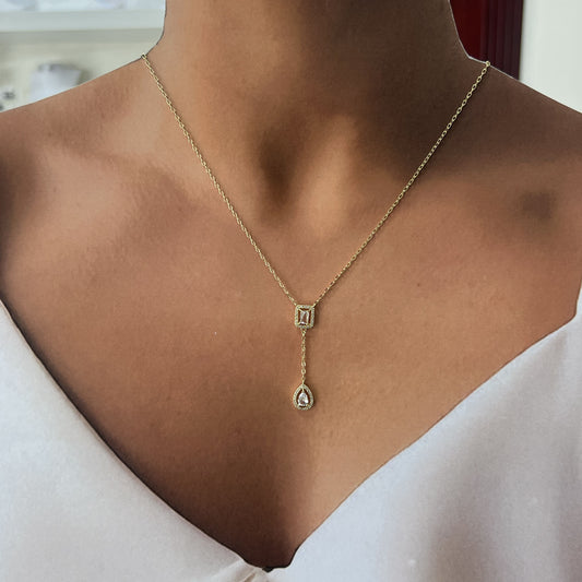 Set aretes y collar cuadro gotas zirconias baño de oro