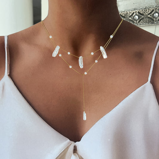 Collar de 2 piezas perla larga natural acero premium
