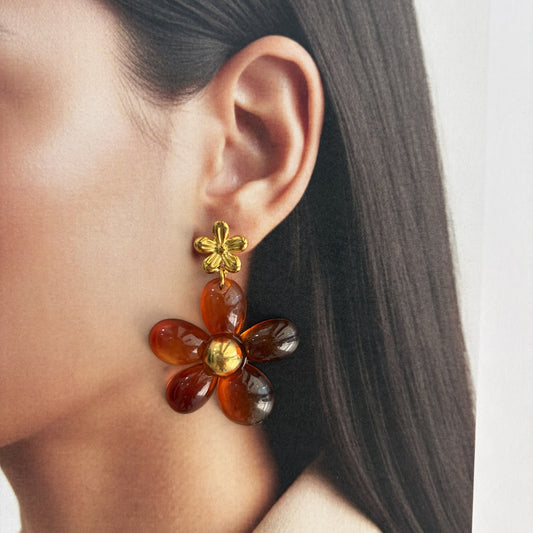 Aretes flor colgante ambar acero premium