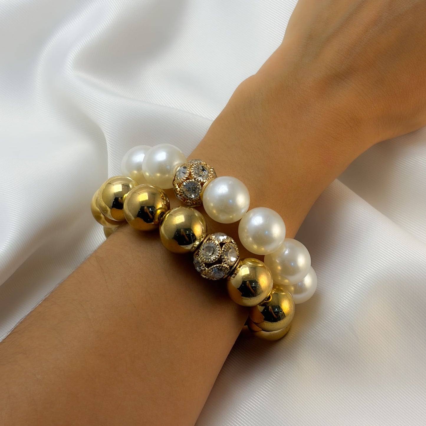 Pulsera doble perla XL esfera cristal bisuteria fina