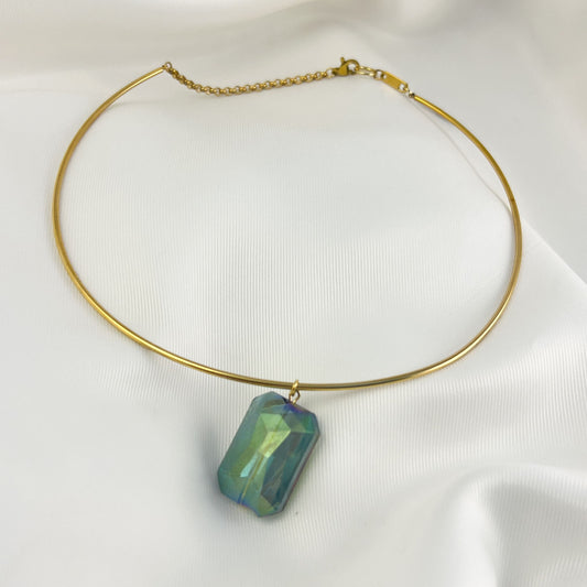 Gargantilla cristal azul rectángulo chapa