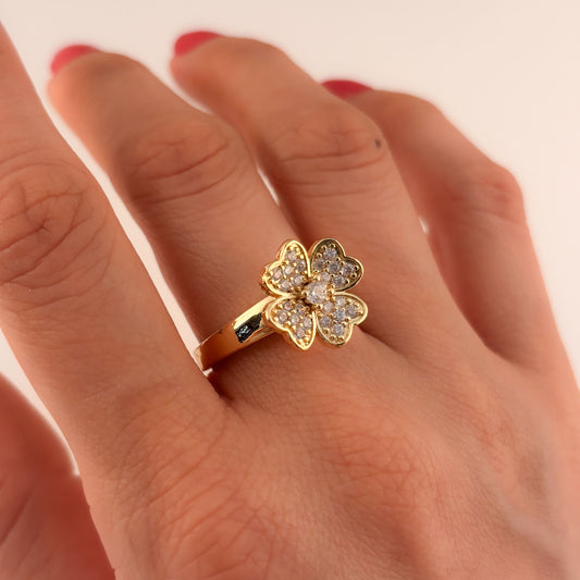 Anillo giratorio anti-estrés chapa de oro ajustable trébol zirconias