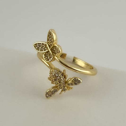 Anillo ajustable chapa de oro abeja mariposa zirconias