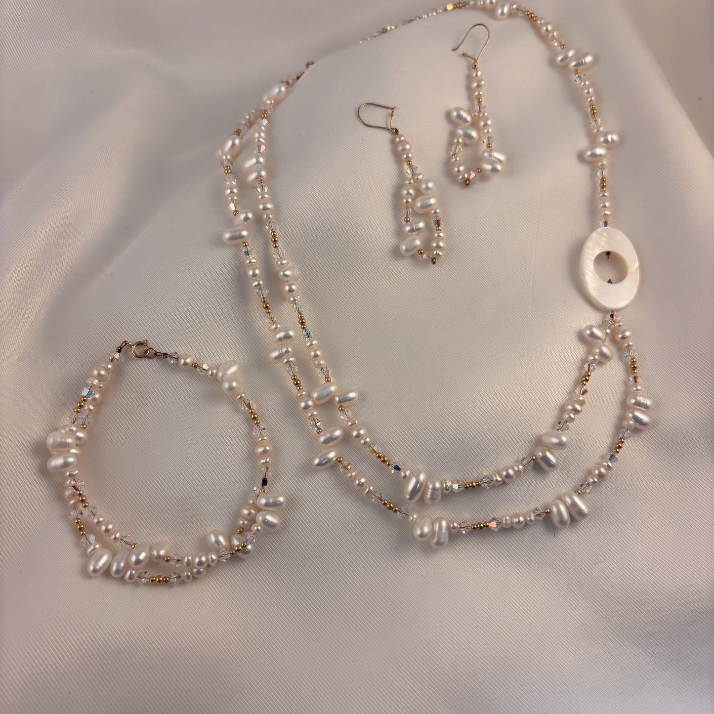 Set collar aretes y pulsera piedra y perla natural oro con ovalo