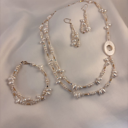 Set collar aretes y pulsera piedra y perla natural oro con ovalo