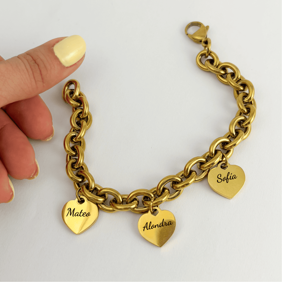 Pulsera personalizada chunky dijes de corazón con nombres de hijos regalo día de las madres