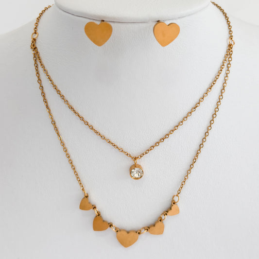 Set acero inoxidable aretes y collar doble 5 corazones dorado