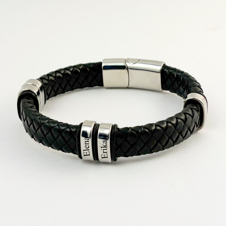 Pulsera tipo piel acero inoxidable con nombres de hijos grabados -Regalo día del padre