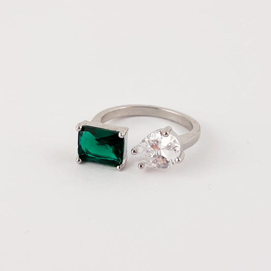 Anillo cristal verde y zirconia gota chapa de oro plateado ajustable (medida mínima 7)