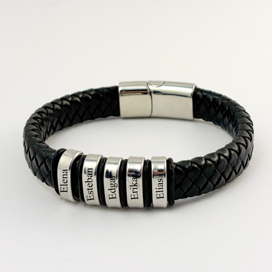 Pulsera tipo piel acero inoxidable con nombres de hijos grabados -Regalo día del padre