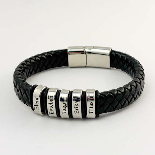 Pulsera tipo piel acero inoxidable con nombres de hijos grabados -Regalo día del padre