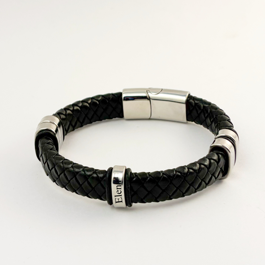 Pulsera tipo piel acero inoxidable con nombres de hijos grabados -Regalo día del padre