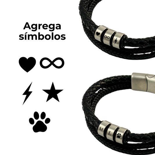 Pulsera tipo piel para hombre 3 aros iniciales grabado láser -Regalo día del padre
