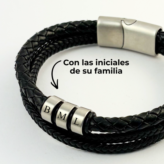 Pulsera tipo piel para hombre 3 aros iniciales grabado láser -Regalo día del padre