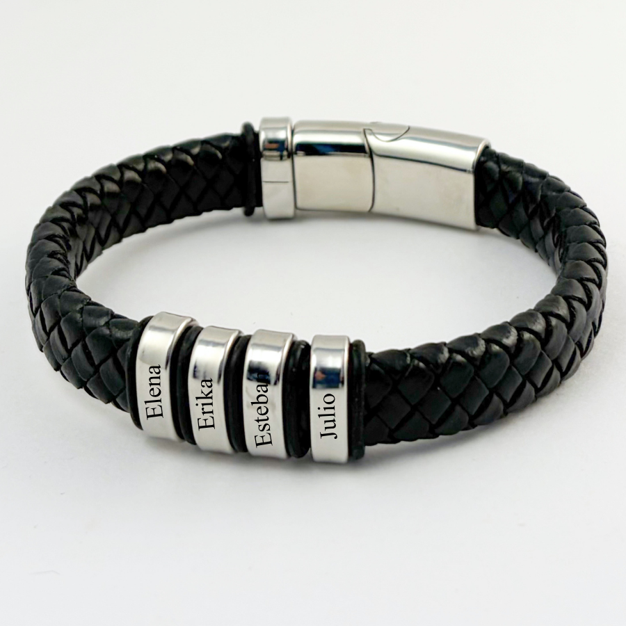 Pulsera tipo piel acero inoxidable con nombres de hijos grabados -Regalo día del padre