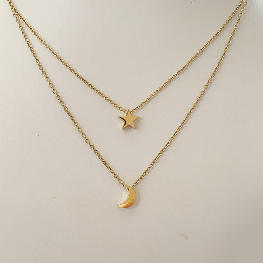 Set aretes y collar doble acero inoxidable estrella luna dorado