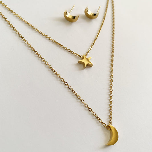 Set aretes y collar doble acero inoxidable estrella luna dorado