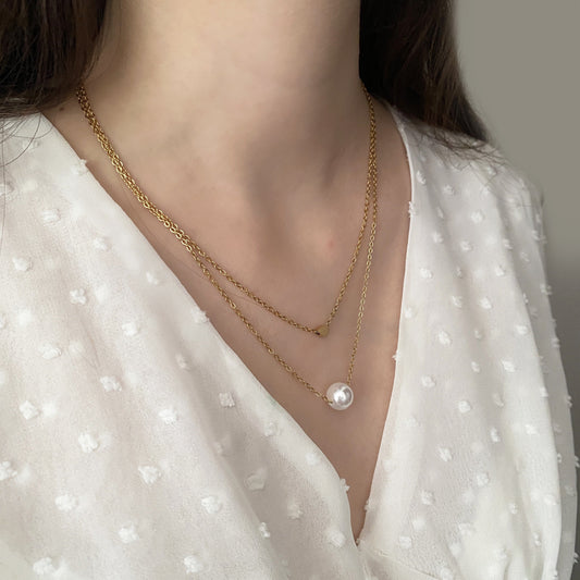 Set aretes y collar doble acero inoxidable perla sintética y corazón mini