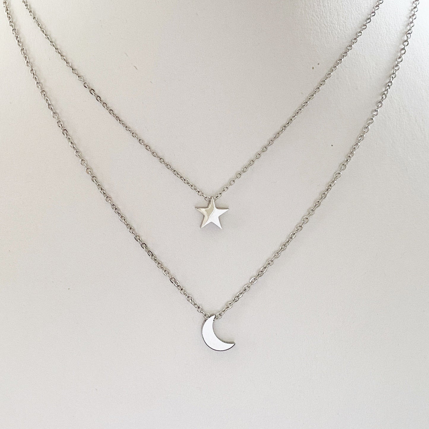 Set aretes y collar doble luna estrella plateado