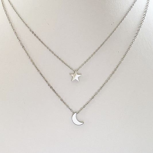 Set aretes y collar doble luna estrella plateado