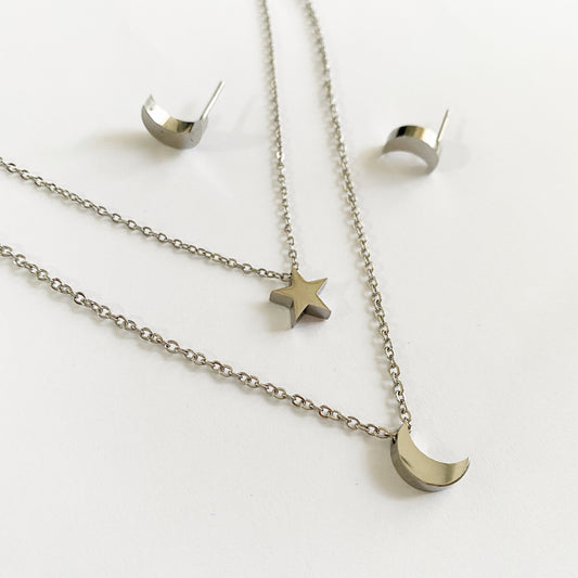 Set aretes y collar doble luna estrella plateado