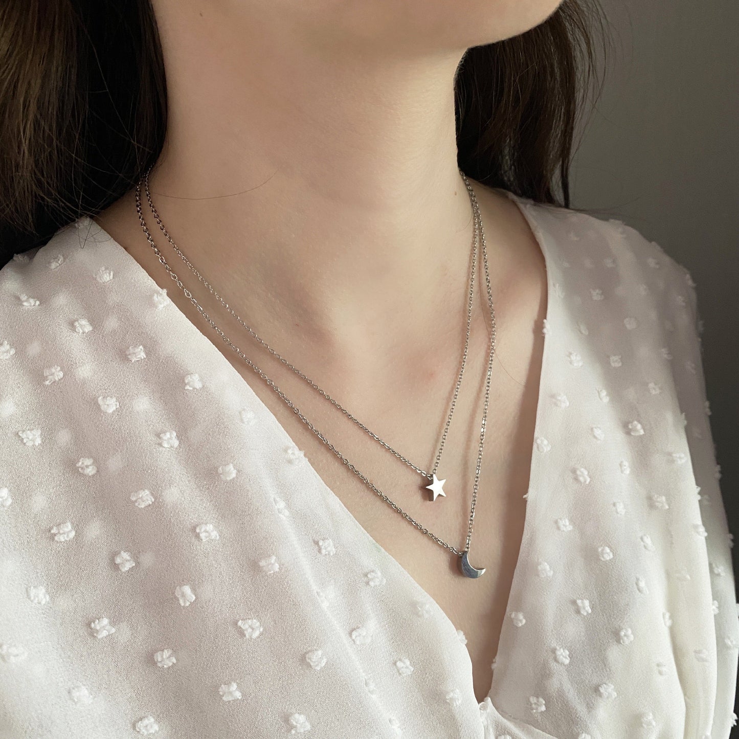 Set aretes y collar doble luna estrella plateado